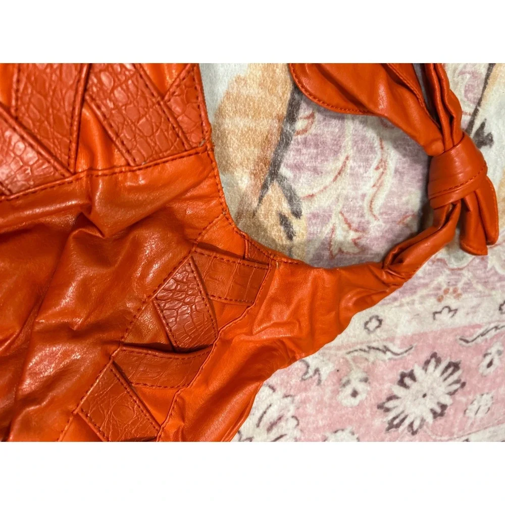 Y2K Orange Slouchy Hobo Shoulder Bag Bow‎ Detail Textured Statement